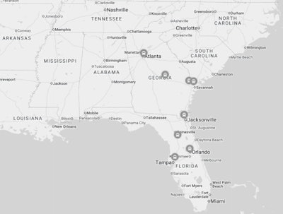 Tesla's proposed Southeast Megacharger sites.