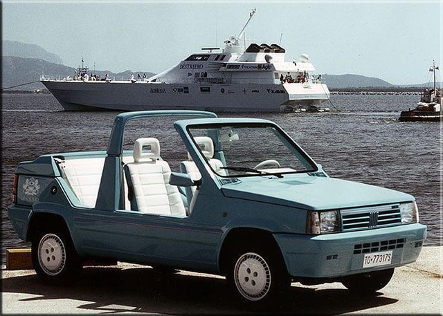 The Fiat Panda Destriero was a beach car concept created by Italian coach builder Stola in 1991; it started life as the Mirage, but was renamed as a collaboration with the record breaking speed-yacht Destriero