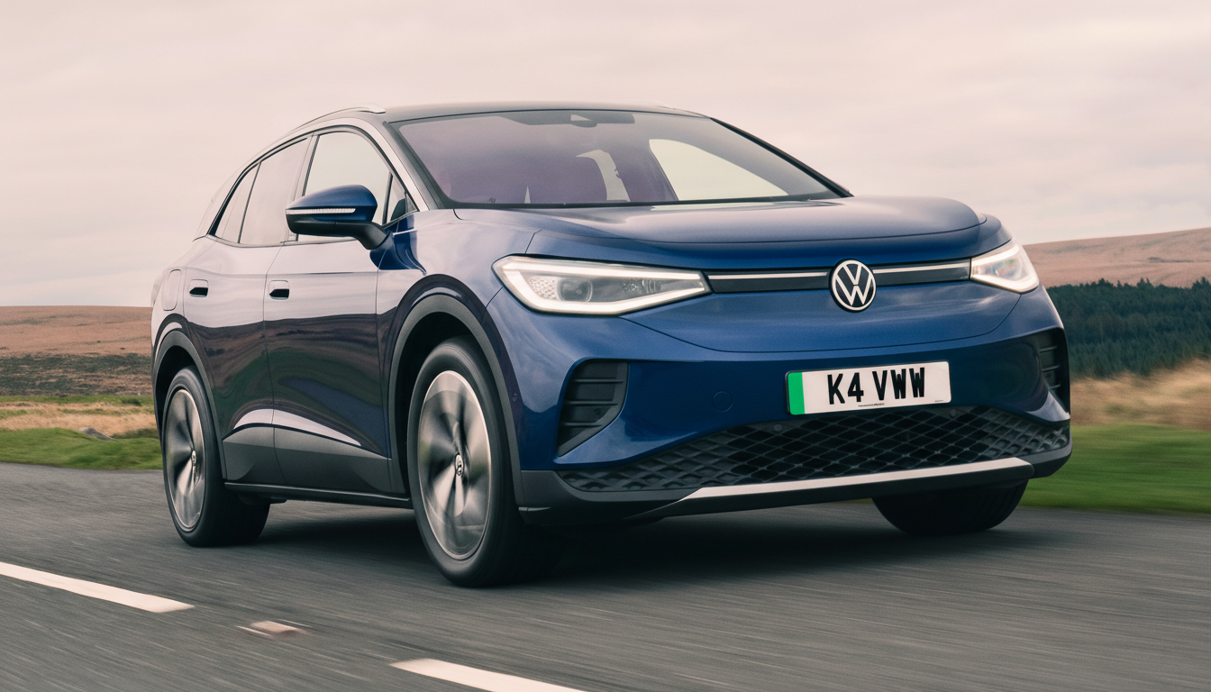 A blue Volkswagen ID.4 electric SUV driving on a road with a blurred background of hills and sky.