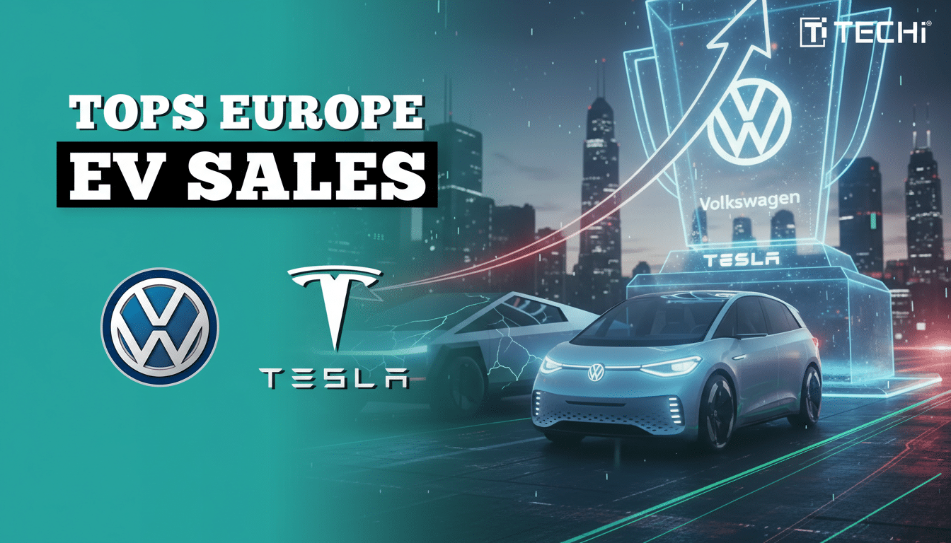 An image with the text TOPS EUROPE EV SALES in white, bold letters on a black background. Below it, the Volkswagen logo and the Tesla logo are displayed on a teal background. To the right, a futuristic Volkswagen car and a Tesla Cybertruck are shown on a road with a city skyline in the background. A glowing trophy with the Volkswagen logo on it is also visible.
