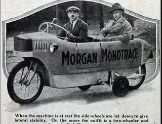 The Monotrace, a two-wheeled French car built from 1925 to 1928. The two small side wheels were for stability at lower speeds. At least one example has survived as of 2008.