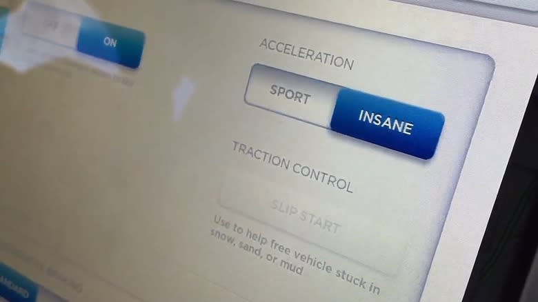 A closeup of the Tesla Model S P85D "Insane" acceleration mode
