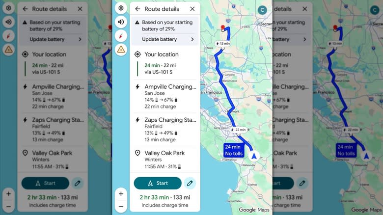 Google Maps providing details about a route that shows information about a user's battery level and where they can stop to charge their battery