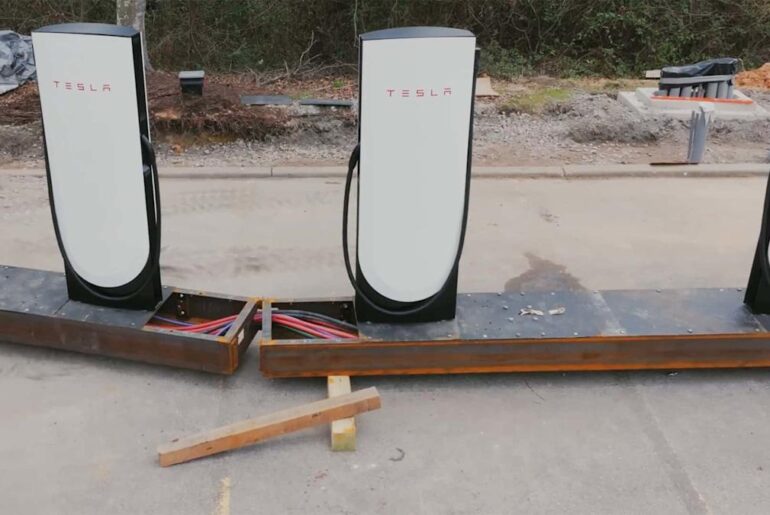 Tesla's New Folding Supercharger Units Cut Installation Time In Half