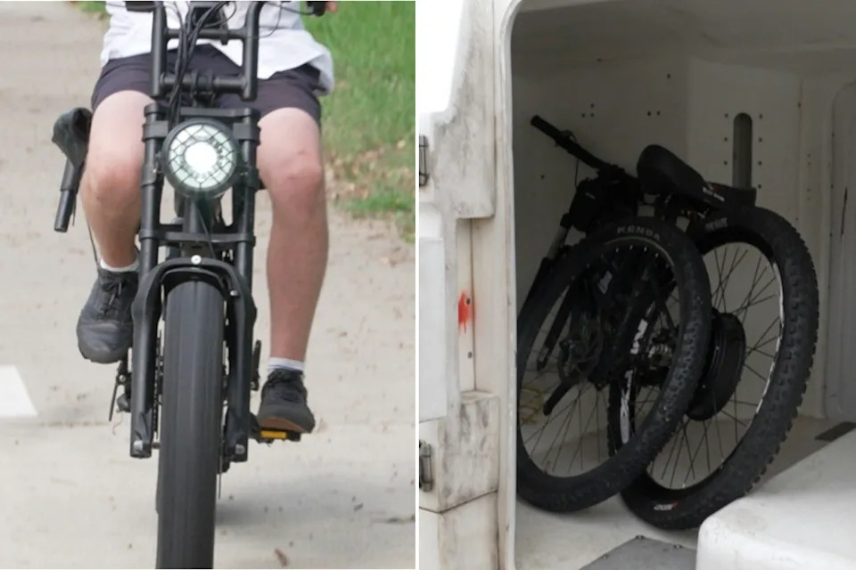 Left: Youth on e-bike. Right: Two confiscated e-bikes in the back of a police paddy wagon.