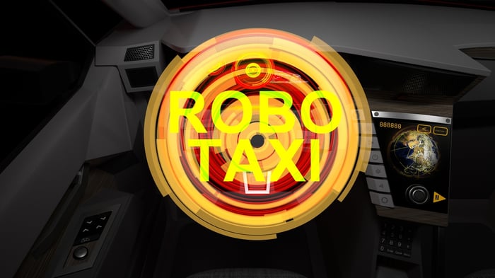 The word robotaxi in a glowing circle.
