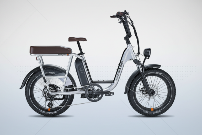 A silver Rad Power Bikes RadRunner electric utility bike with a brown seat and black tires, set against a professional flat design background with soft gray gradients and subtle geometric patterns.
