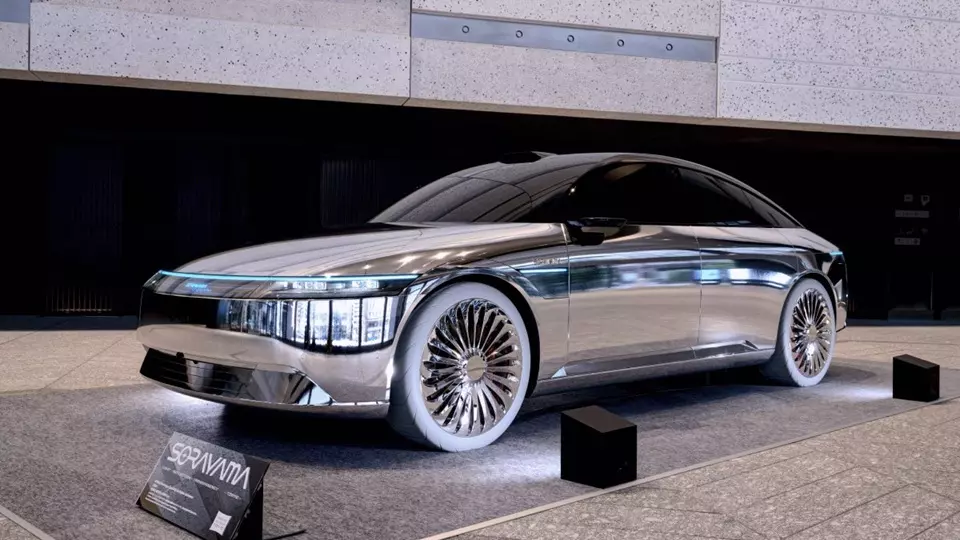 An AFEELA prototype in an art installation by artist Hajime Sorayama.