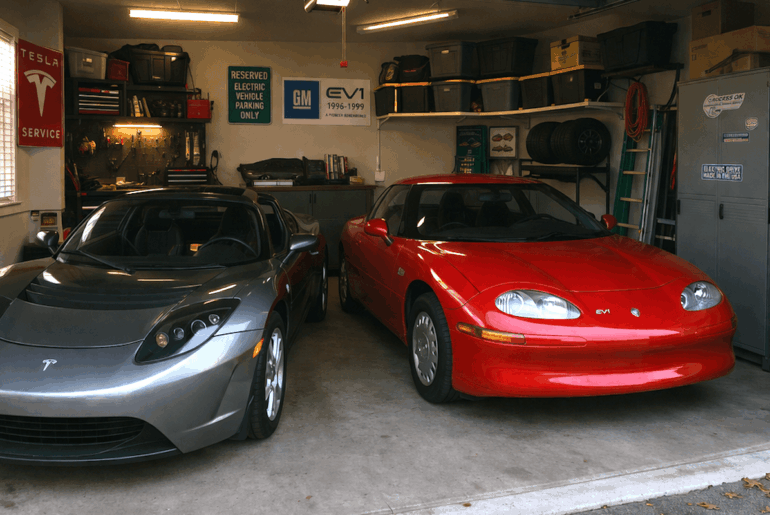 GM EV1 parked next to 1st Gen Tesla Roadster