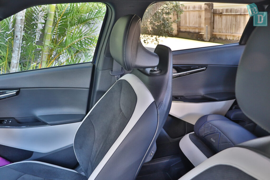 Rear seat features and kick room in the Kia EV6