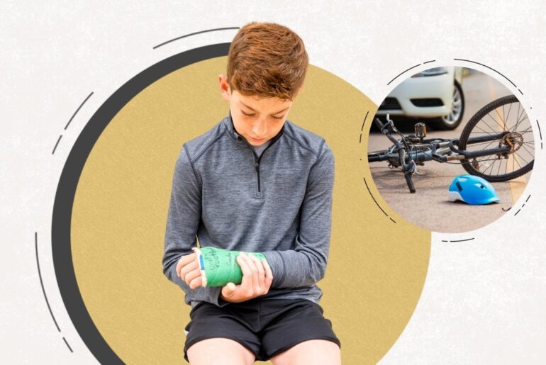 Teenage boy holds broken wrist and cast from an e-bike crash