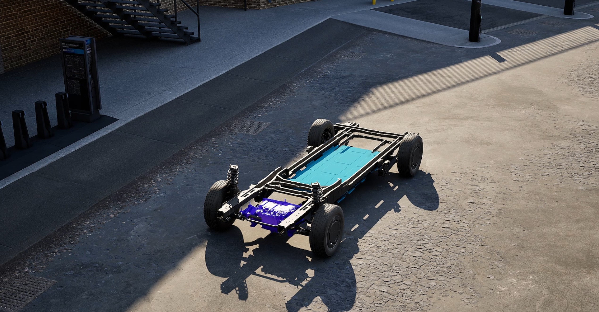 Transit City cutaway showing battery, e-motor and chassis rail layout