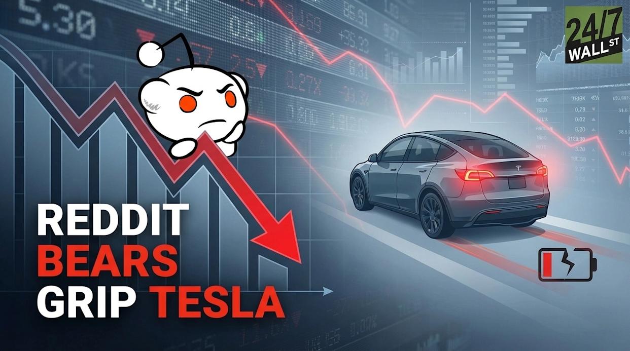 An illustration featuring the Reddit Snoo mascot with an angry expression, looking down a red arrow that signifies a sharp decline on a financial bar chart. To the right, a silver Tesla Model Y electric vehicle is shown, accompanied by a red broken battery icon. The background consists of blue-grey stock market data and charts, with the prominent text 'REDDIT BEARS GRIP TESLA' in white and red lettering.
