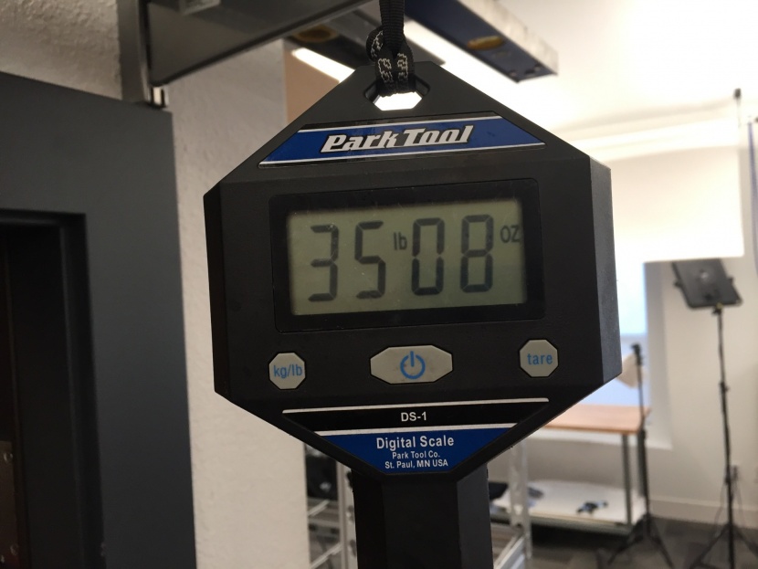 weight is determined by weighing each rack using our hanging bike...