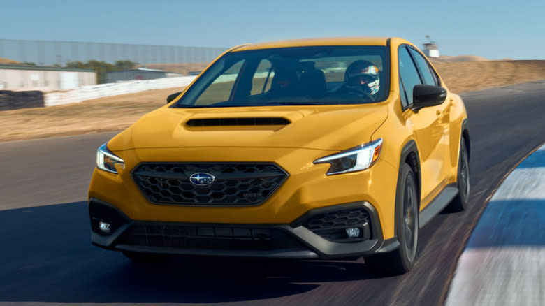 Front 3/4 view of Subaru WRX on track