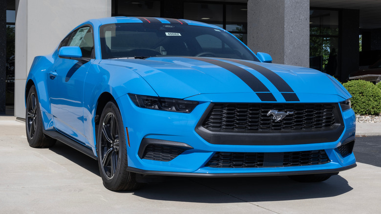 Zionsville - May 18, 2025: Ford Mustang EcoBoost Coupe display at a dealership. Ford offers the Mustang with a 2.3L EcoBoost engine. MY:2025