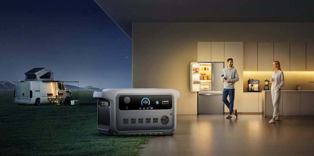 Anker SOLIX power station powering van in wilderness and appliances in home