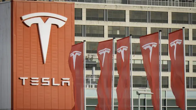 AMSTERDAM- Logo of Tesla on the Tesla service center in Amsterdam.