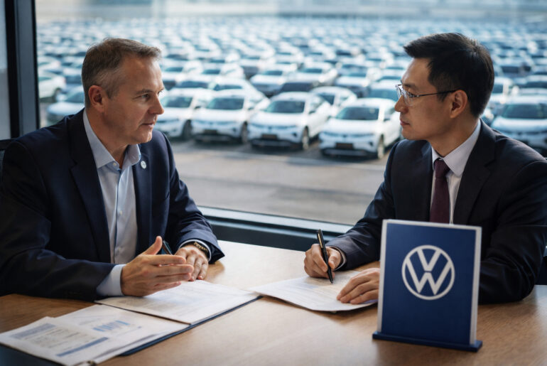 A Volkswagen executive is negotiating with a Chinese representative in an office with a large window and a courtyard in the background filled with Volkswagen electric cars.