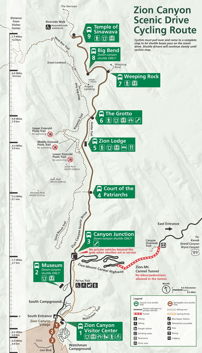 Map of cycling routes in Zion National Park Zion Canyon shown with areas where bikers can travel.