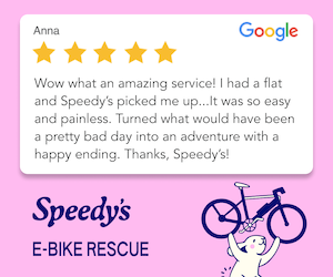 Promotion: Text on a pink background with the Speedy's logo of a rabbit holding a bicycle. 5-star review from Anna. Wow