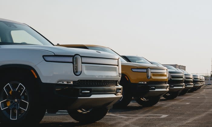 Rivian trucks lined up in a parking lot.