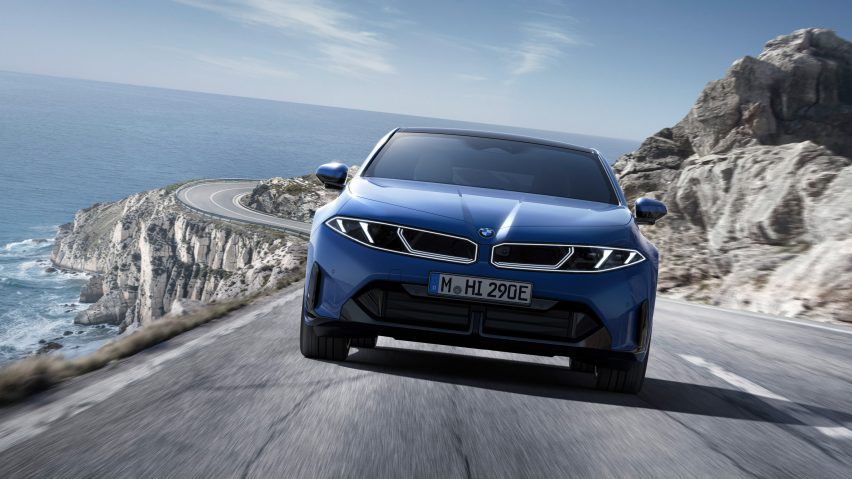 Photo of the BMW i3 seen from the front showing a minimal kidney grill with integrated lighting