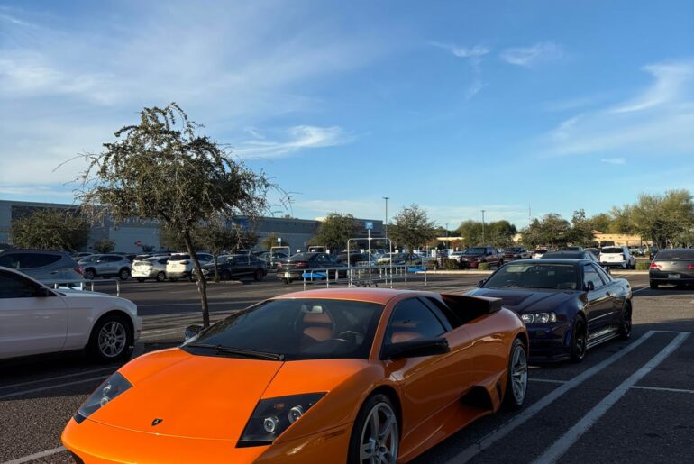 Gated manual [Lamborghini Murciélago] and [Nissan R34 Skyline] outside of Walmart in Paradise Valley!