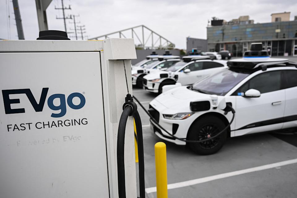 A Waymo autonomous self-driving Jaguar electric vehicle sits parked at an EVgo charging station in Los Angeles, California, on May 15, 2024. (Photo by Patrick T. Fallon / AFP) (Photo by PATRICK T. FALLON/AFP via Getty Images)