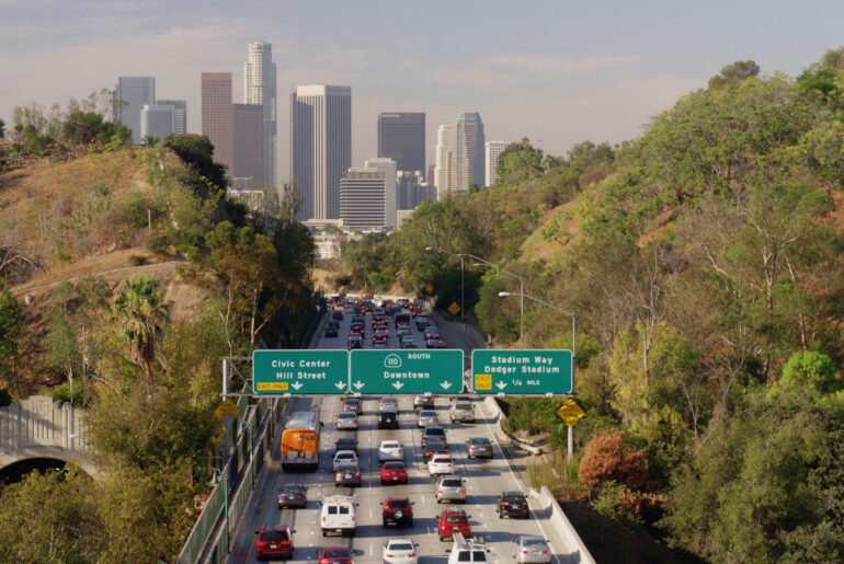 Aerial view of traffic driving to downtown Los Angeles, California, United States. (Photo by Getty Images)
