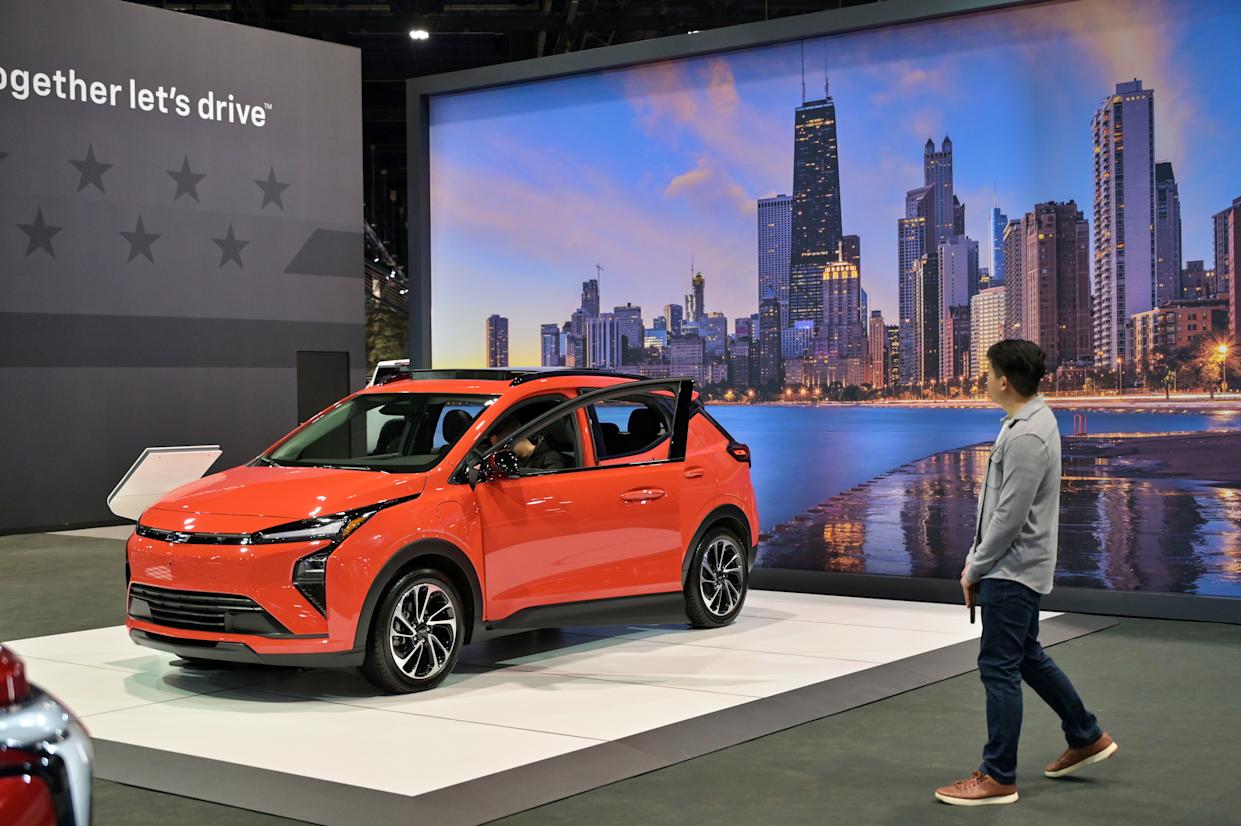 CHICAGO, ILLINOIS - FEBRUARY 06: Chevrolet Bolt EUV is displayed during the 2026 Chicago Auto Show at McCormick Place on February 06, 2026, in Chicago, Illinois. As North America's largest and longest-running auto exposition, the 118th edition of the show features nearly 1,000 vehicles, including the debut of the 'Chi-Town Alley' exhibit and expanded indoor test tracks. (Photo by Jacek Boczarski/Anadolu via Getty Images)