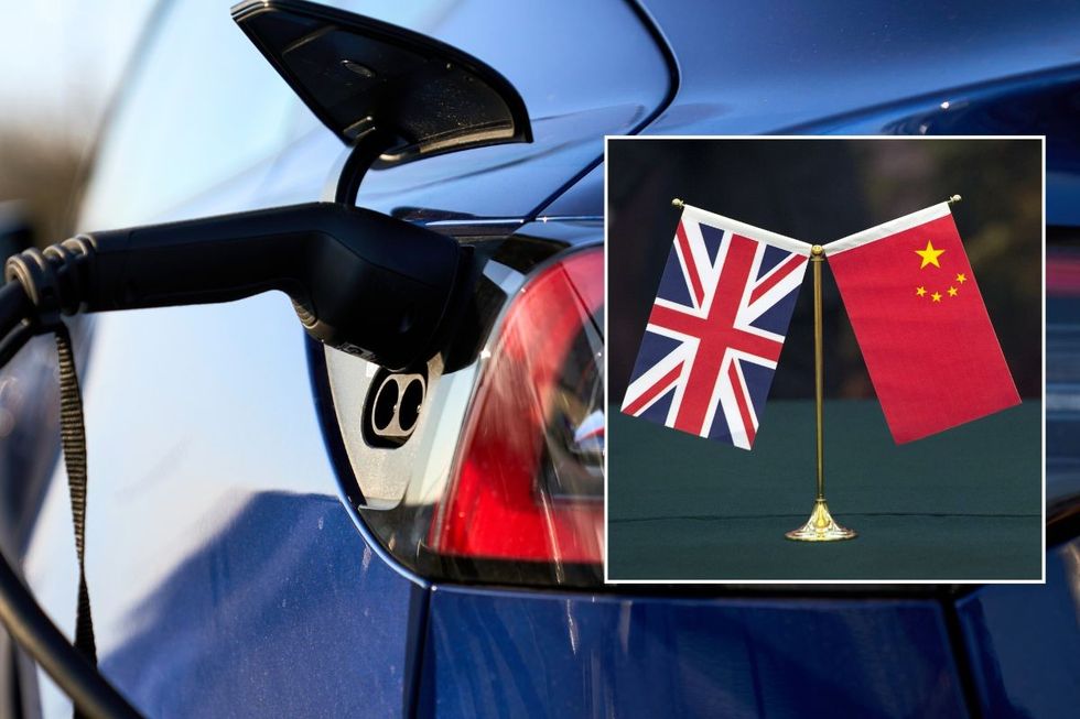 Electric car charger and a UK and China flag
