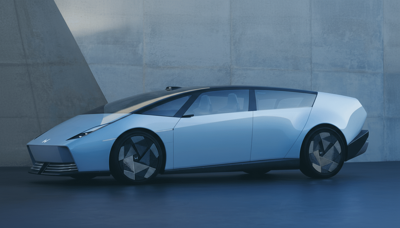 A sleek, light blue concept car with a futuristic design, featuring sharp angles and unique wheel patterns, parked in front of a concrete wall.