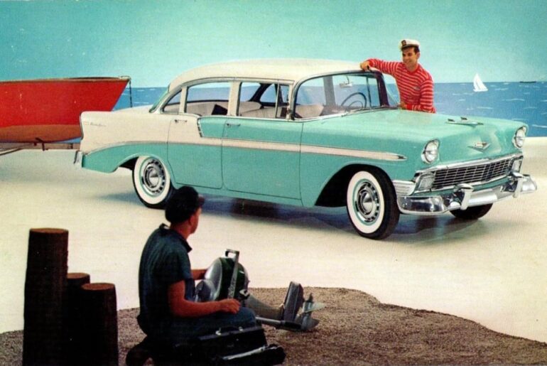 1956 Chevrolet Bel Air 4 Door Sedan - India Ivory and Pinecrest Green  - Postcard