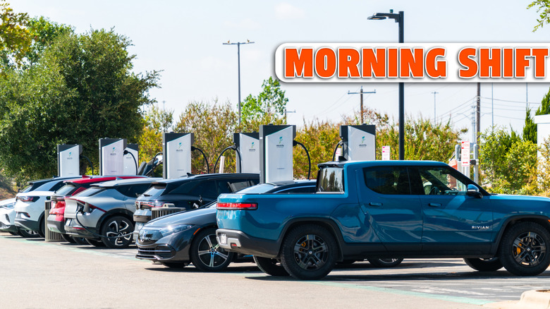 Austin , Texas , USA - September 5th 2023: Rivian Truck and tons of Electric Vehicles charging up at the Electrify America Charging Stations full of Electric Cars and Electric Trucks charging up on Holiday