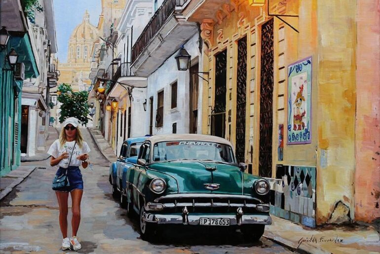 Griselda Ferrandez - Afternoon Walk in Havana - featuring a 1953 Chevrolet Bel Air (maybe a 210) - (20in by 26in)