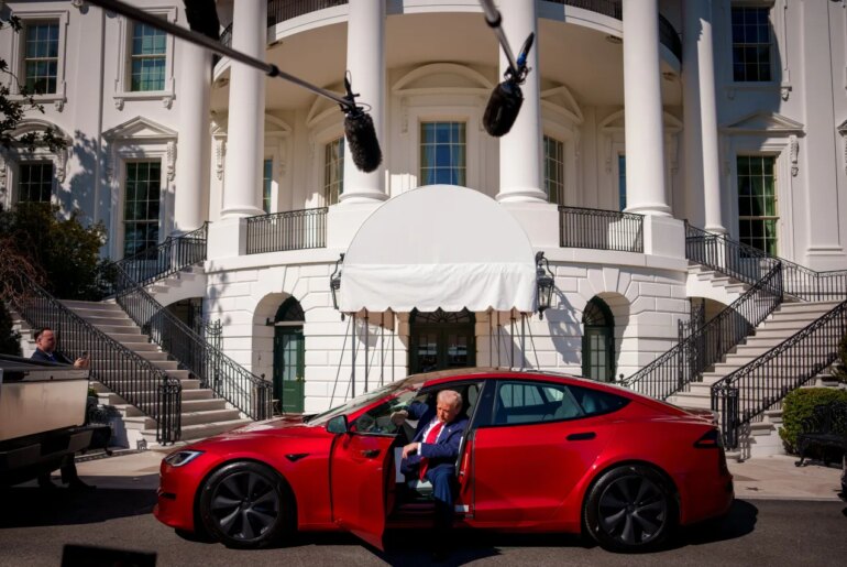 U.S. President Donald Trump gets out of aTesla Model S on the South Lawn of the White House on March 11, 2025 in Washington, DC. (Photo by Andrew Harnik/Getty Images)
