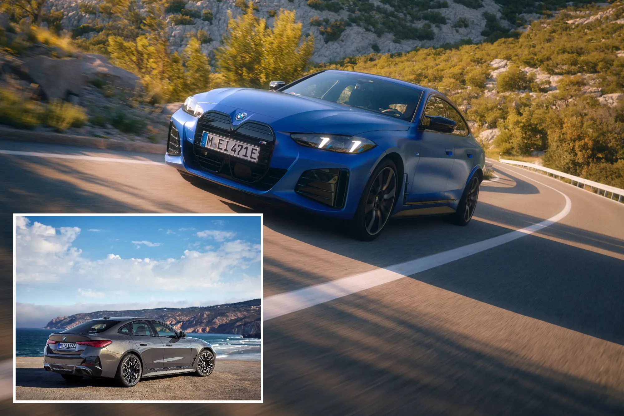 An image collage containing 2 images, Image 1 shows A blue BMW i4 driving on a winding road with rocky, green hills in the background, Image 2 shows Gray BMW i4 parked facing a coastline