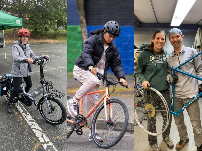 A woman with an electric bike, a woman riding a bike, two people holding a bike wheel and frame.