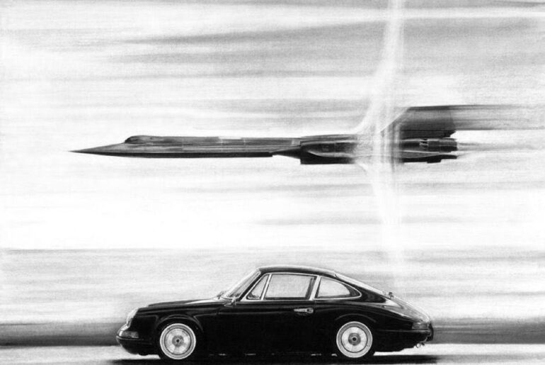 This image shows an artistic rendering of a classic *Porsche 911* from the 60s or 70s driving parallel to an SR-71 Blackbird reconnaissance aircraft 🇩🇪 🇺🇸