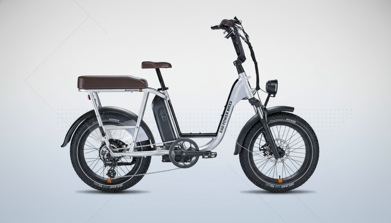A silver Rad Power Bikes RadRunner electric utility bike with a brown seat and black tires, set against a professional flat design background with soft gray gradients and subtle geometric patterns.