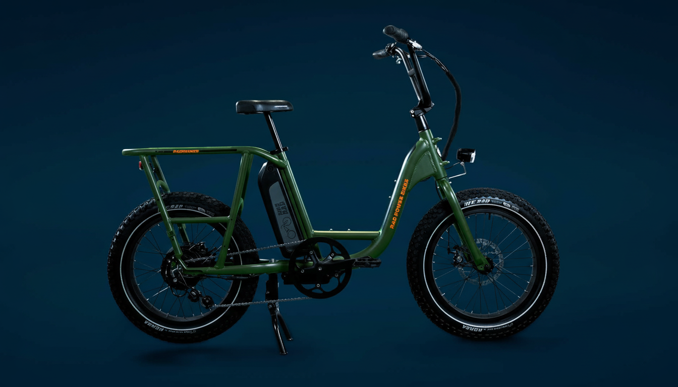 A green Rad Power Bikes RadRunner electric utility bike with thick tires and a rear cargo rack, presented against a dark blue background.
