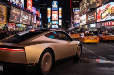 Tesla Cybercab in NYC Time Square rendering via Grok