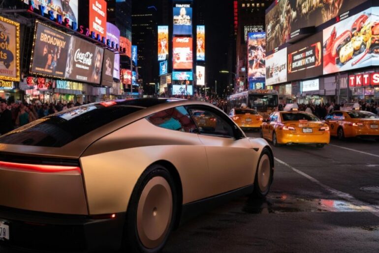 Tesla Cybercab in NYC Time Square rendering via Grok