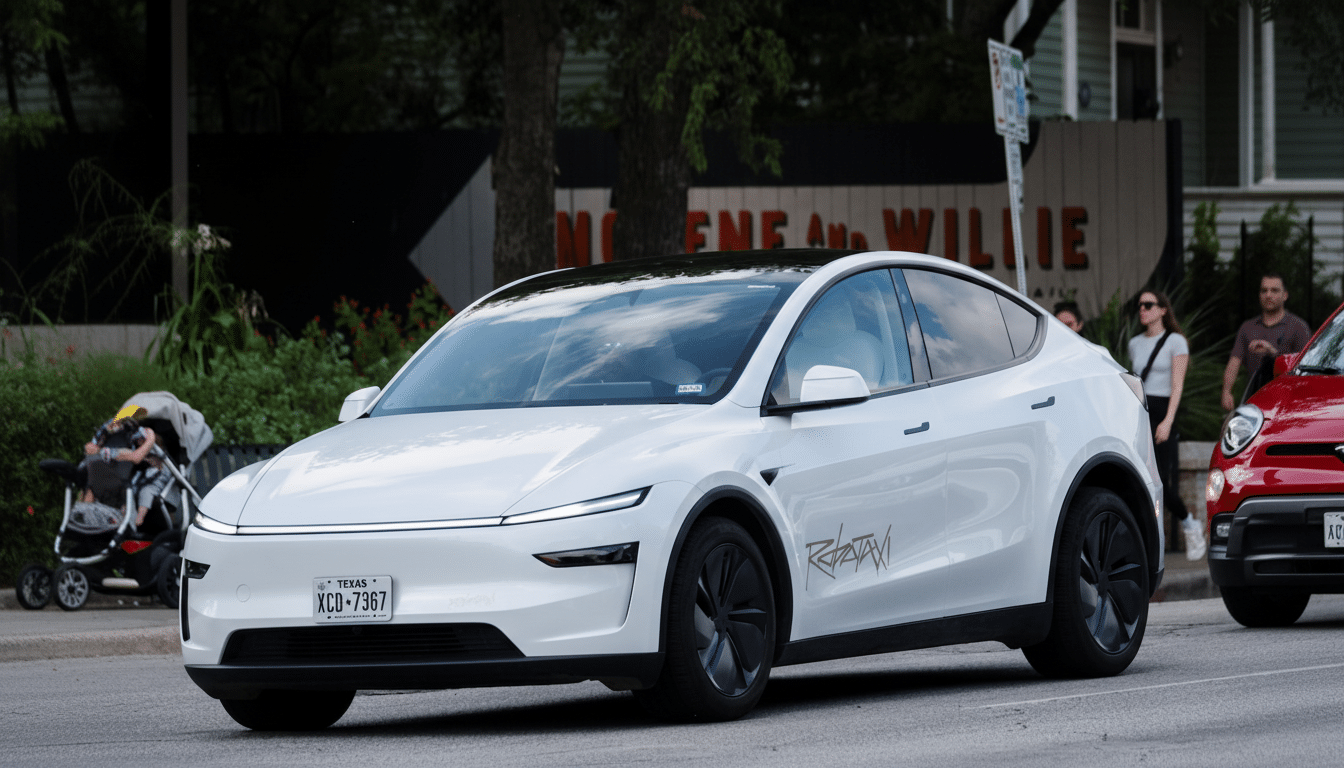 A white Tesla Model Y with a black roof and black wheels, parked on a street with people and trees in the background.