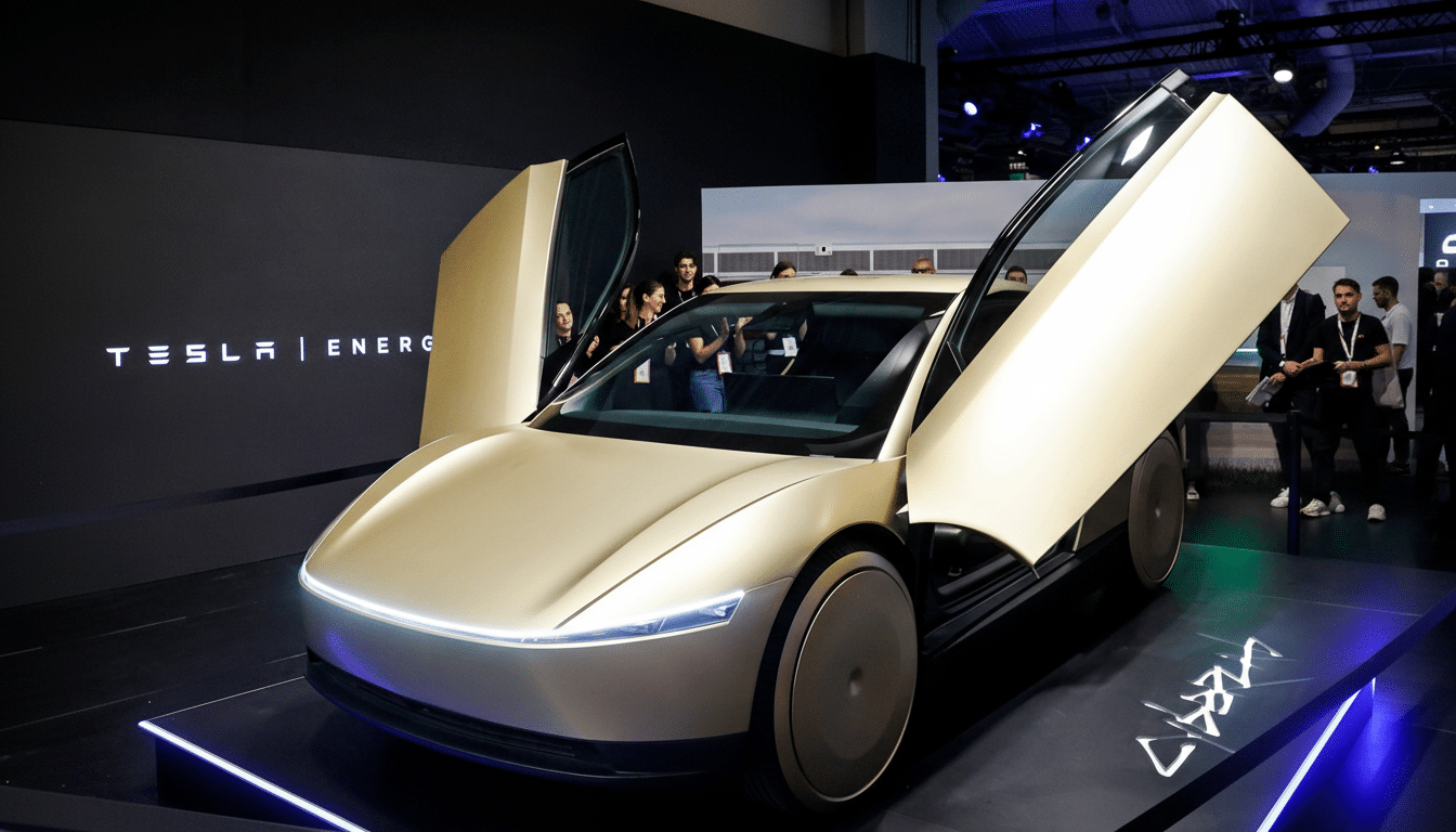 A gold Tesla car with its doors open, on display at an event.