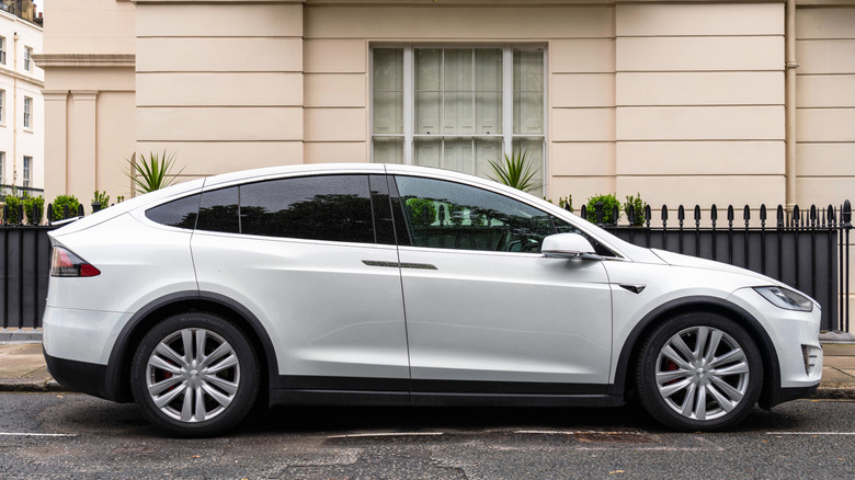 White Tesla Model X parked along a residential street.