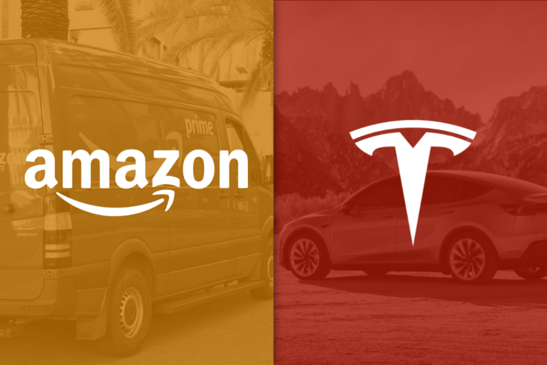 An image with both Amazon and Tesla's logos.