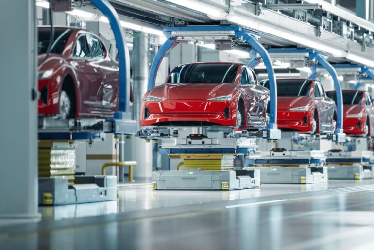 A long line of assembled cars in a factory.