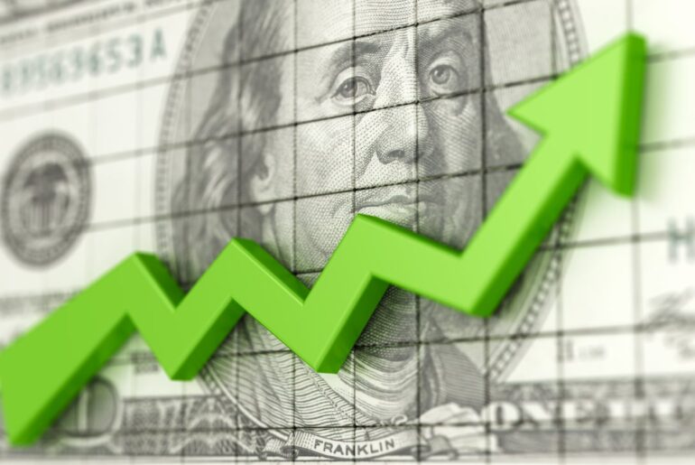 Green arrow moving upward over $100 bill.